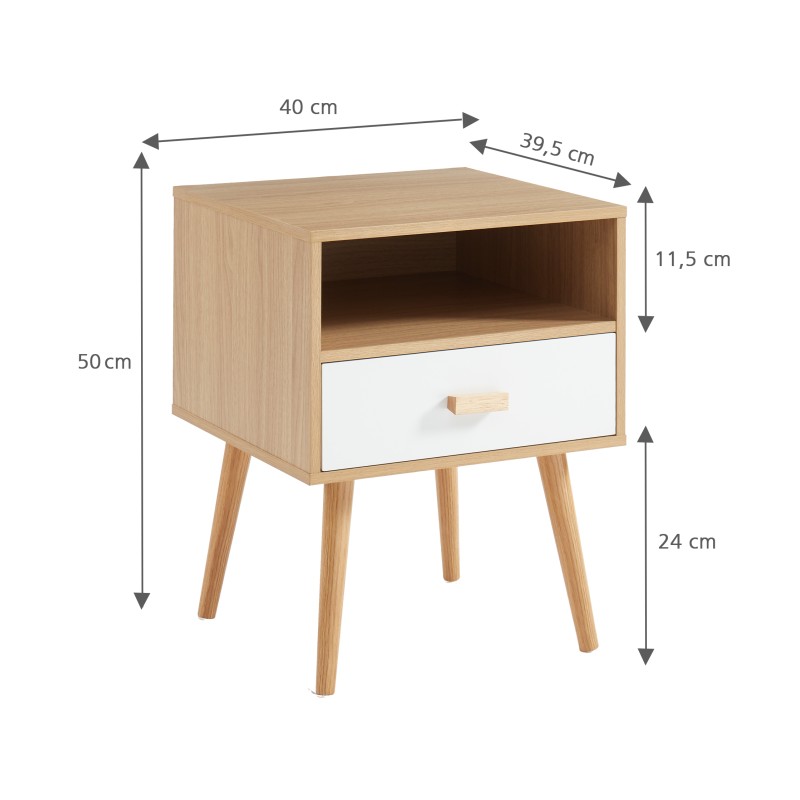 Table de chevet ULOS Décor Bois et Blanc 1 Tiroir 1 Niche - L40cm