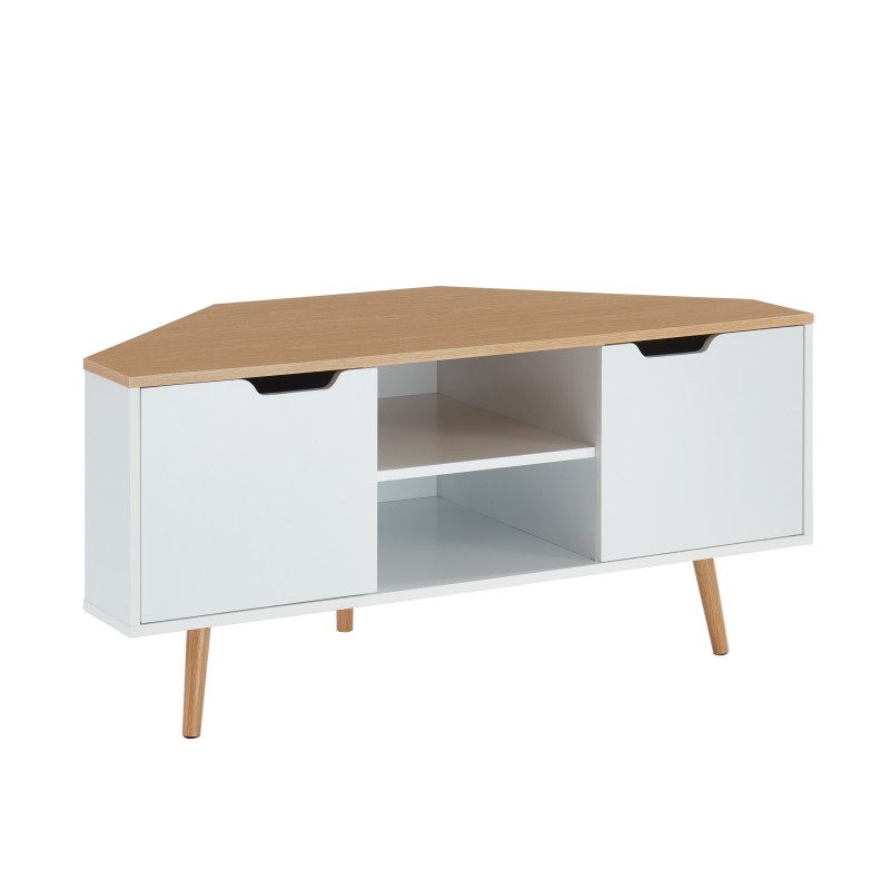 Meuble TV d'Angle LYNA Blanc et Décor Chêne 2 Portes - L115cm
