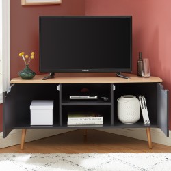 Meuble TV d'Angle LYNA Gris Anthracite et Décor Chêne 2 Portes - L115cm