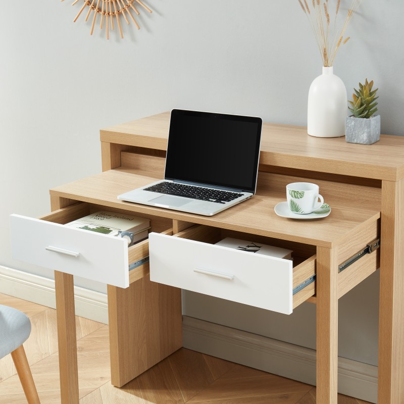 Bureau Extensible STUDIODécor Blanc et Bois2 Tiroirs - L98,5cm