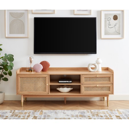 Meuble TV LEON Bois et Cannage naturel 1 porte et 2 tiroirs - L160cm
