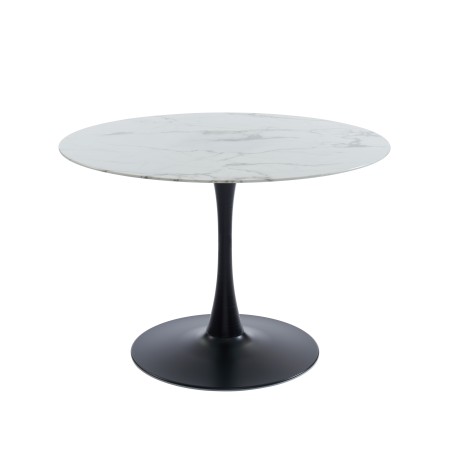 Table de séjour MONIKA 110cm verre trempé effet marbrepied en métal noir