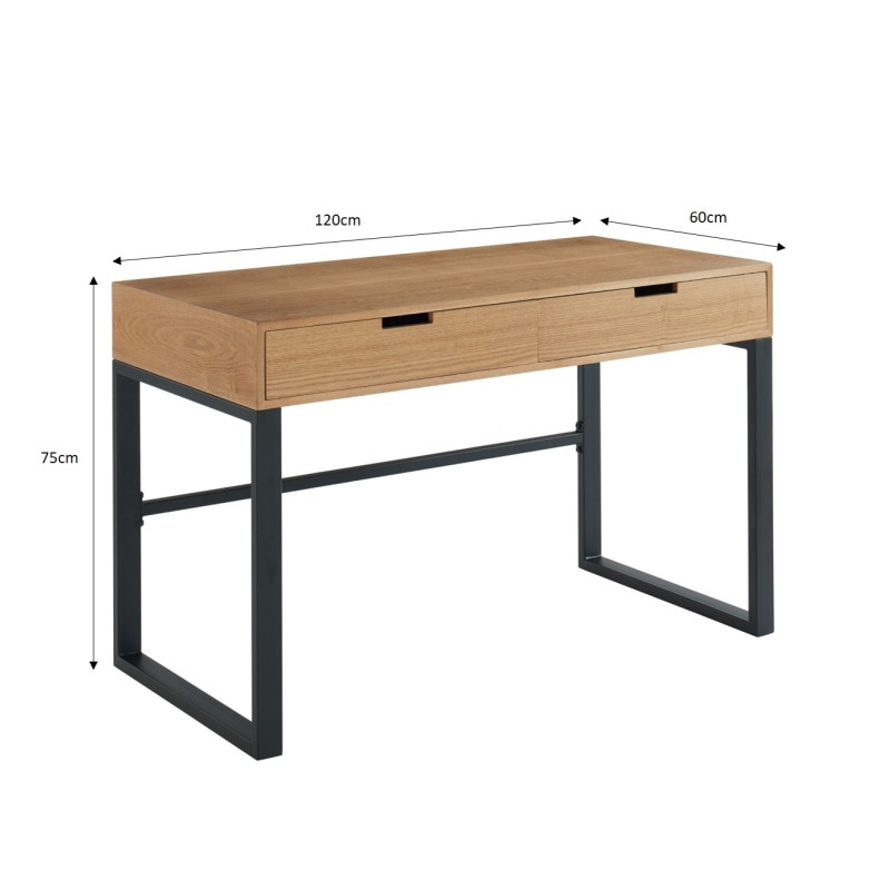 SOHOBUREAU Bureau couleur bois et noir 2 tiroirs piètement en métal