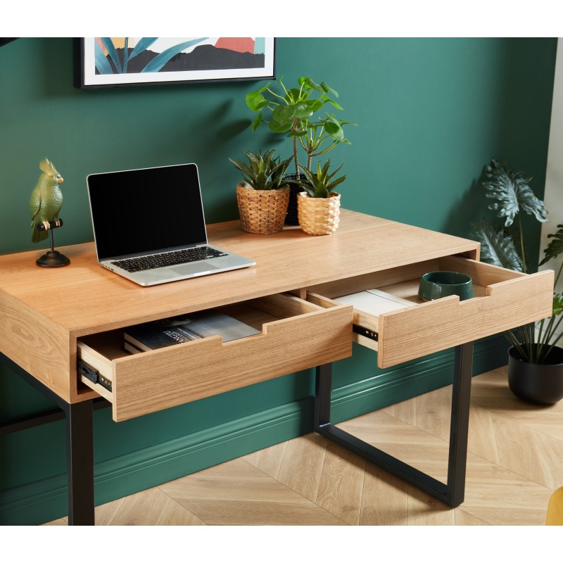 SOHOBUREAU Bureau couleur bois et noir 2 tiroirs piètement en métal