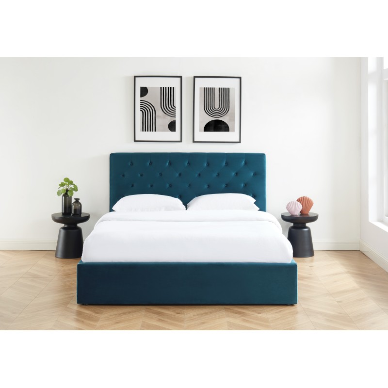 HUBERTCO160BU lit coffre Velours bleu capitonné sommier et tête de lit 160x200
