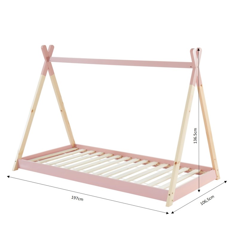 Lit enfant tipi TINY 90x190 bois massif de pin rose sommier à lattes inclus 
