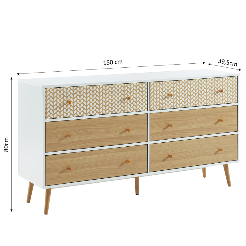 Commode CAPUCINE Décor Bois et Blanc 6 Tiroirs - L150cm