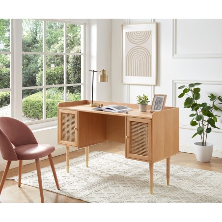 Bureau LEON - bois et cannage naturel - 2 portes - L130cm