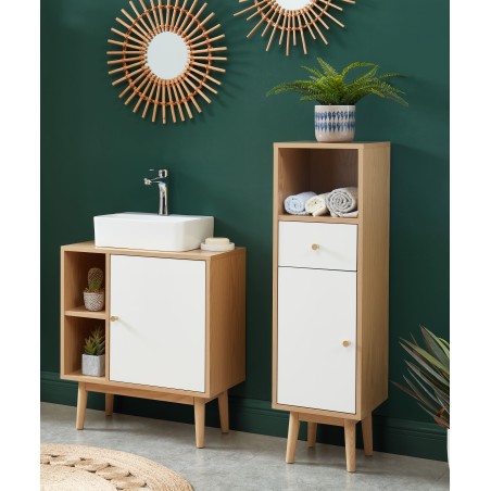Meuble sous-vasque SUNI- Coloris bois et blanc -2 niches et 1 porte