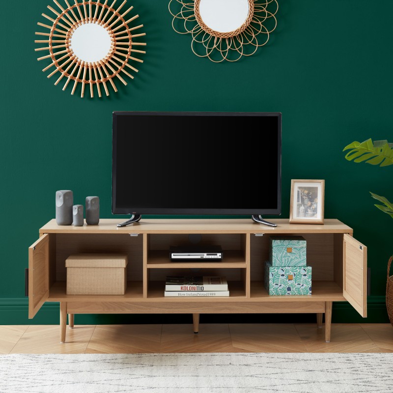Meuble TV AMANA Cannage et décor bois L130cm