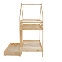 Lit cabane superposé TINY Bois massif de Pin naturel avec tiroir - 90x190