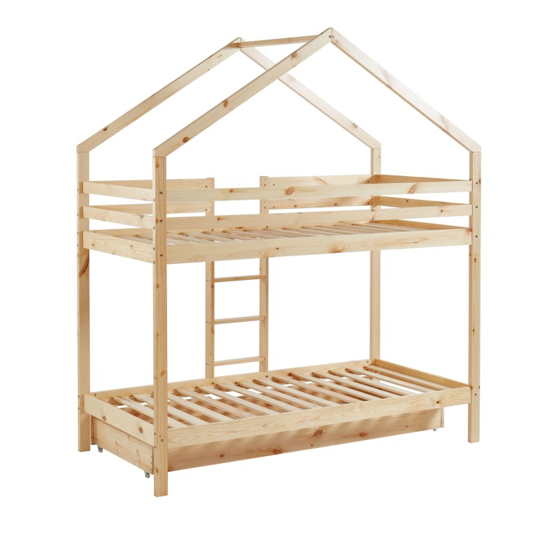 Lit cabane superposé TINY Bois massif de Pin naturel avec tiroir - 90x190