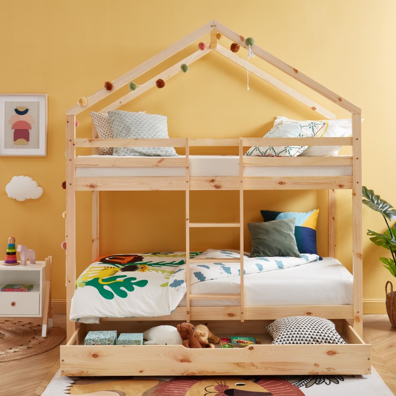 Lit cabane superposé TINY Bois massif de Pin naturel avec tiroir - 90x190