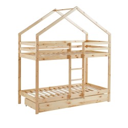 Lit cabane superposé TINY Bois massif de Pin naturel avec tiroir - 90x190