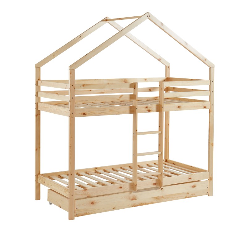 Lit cabane superposé TINY Bois massif de Pin naturel avec tiroir - 90x190