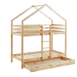 Lit cabane superposé TINY Bois massif de Pin naturel avec tiroir - 90x190