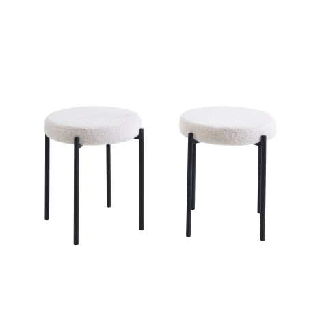 Lot de 2 tabourets YSEE assise laine bouclée blanche et pieds en métal noir