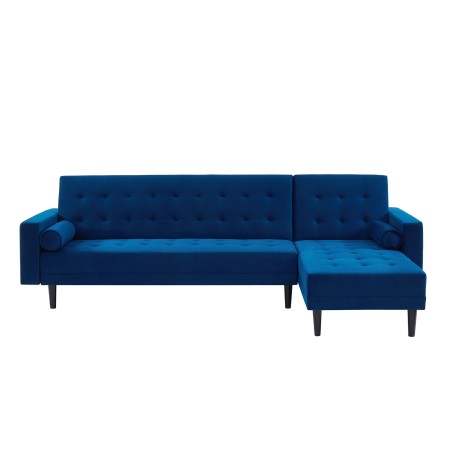 Canapé d'angle LUXURY 4 places en velours bleu et pieds boisangle réversible convertible