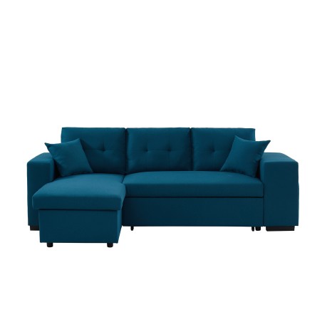 Canapé d'angle ALPAGO tissu lin bleu convertible 4 places2 poufs et étagères