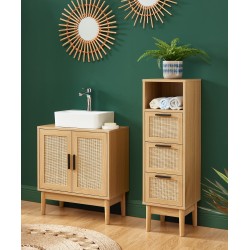 Meuble sous vasque AMANA effet chêne et cannage rotin l60cm