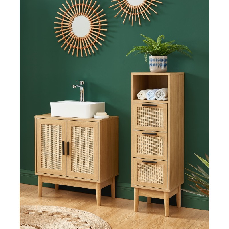 Meuble sous vasque AMANA effet chêne et cannage rotin l60cm