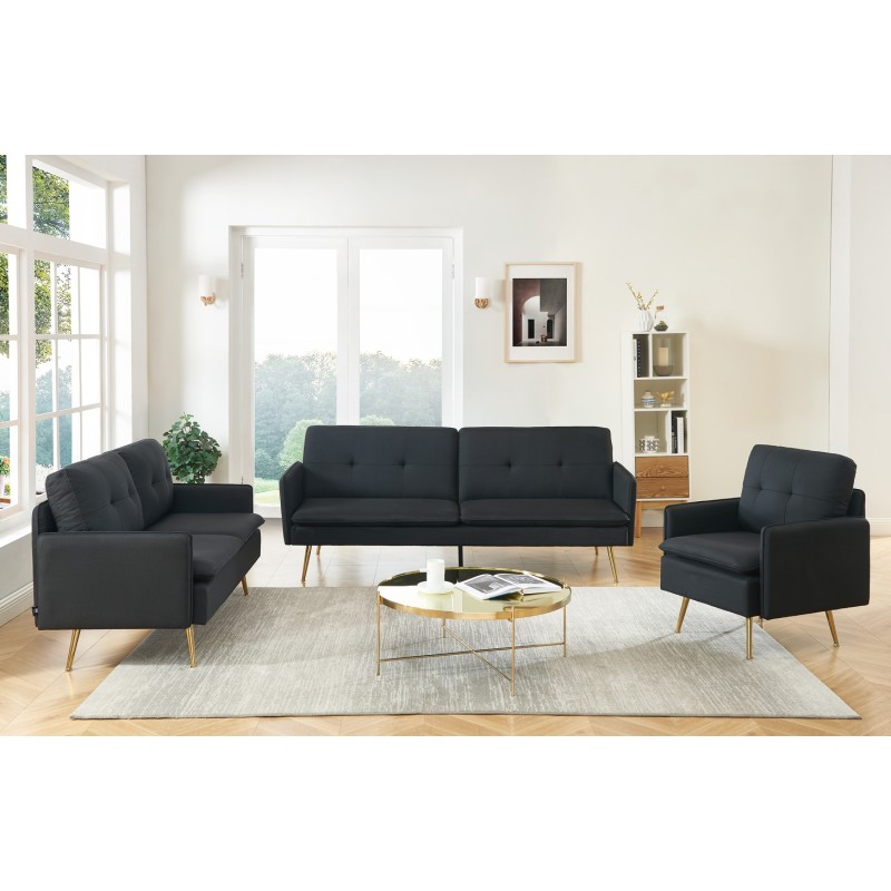 Fauteuil ADAM en tissu noiravec pieds en métal doré