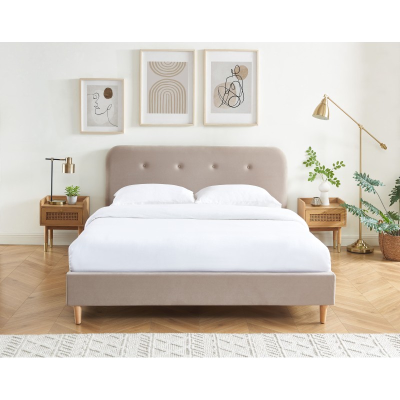Lit double KNUT velours beige sable 160x20 sommier inclus