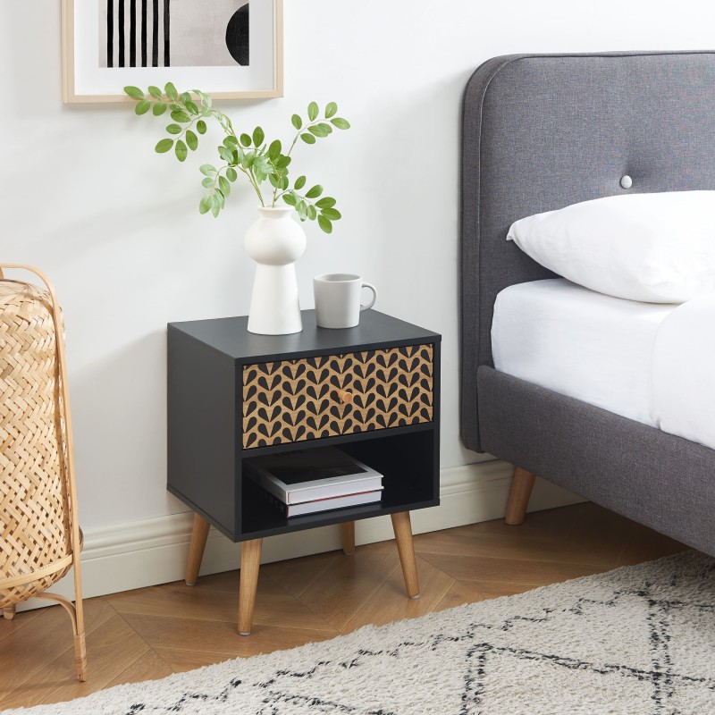 Table de chevet CAPUCINEnoir et effet bois 1 tiroir