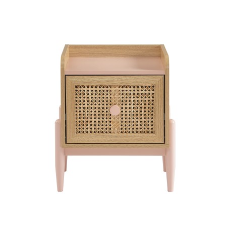 Table de chevet PABLO rose et cannage rotin 1 tiroir