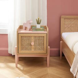 Table de chevet PABLO rose et cannage rotin 1 tiroir