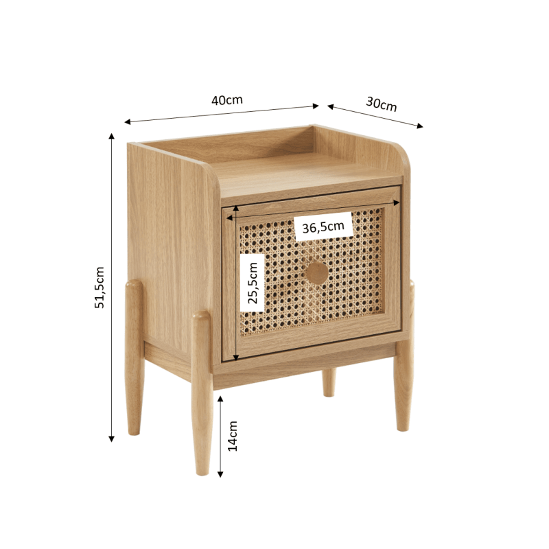 Table de chevet PABLO cannage rotin et effet bois 1 tiroir
