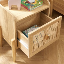 Table de chevet PABLO cannage rotin et effet bois 1 tiroir