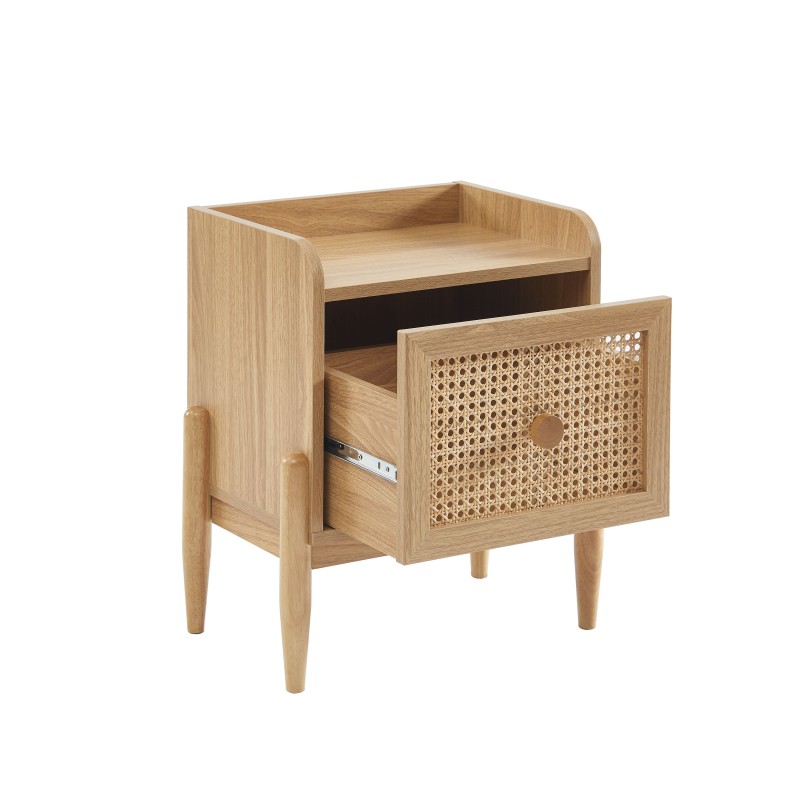 Table de chevet PABLO cannage rotin et effet bois 1 tiroir