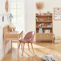 Bibliothèque PABLO rose et cannage rotin 3 étagères