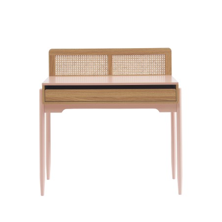 Bureau PABLO rose et cannage rotin 1 tiroir