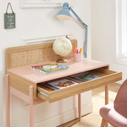 Bureau PABLO rose et cannage rotin 1 tiroir