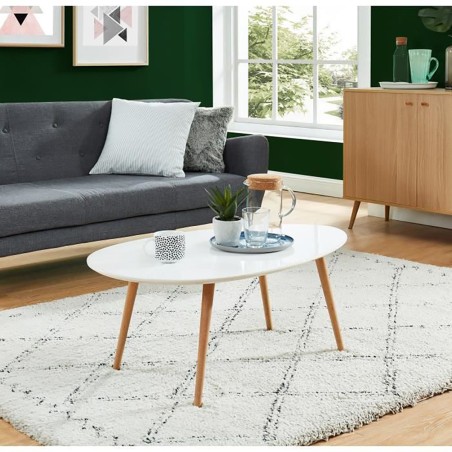 Table basse STONElaqué blanc mat pieds en bois massif