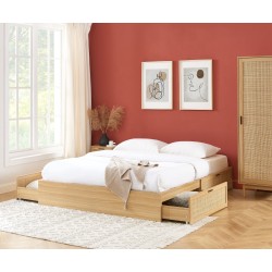 Cadre de lit à tiroirs AMANA cannage rotin 140x190 sommier inclus