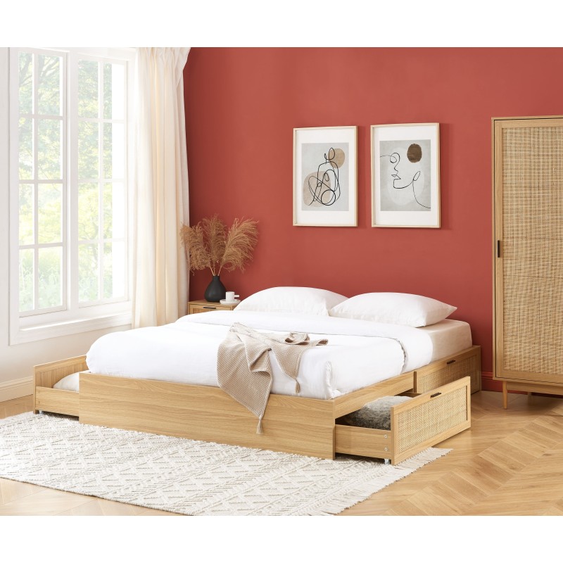 Cadre de lit à tiroirs AMANA cannage rotin 140x190 sommier inclus
