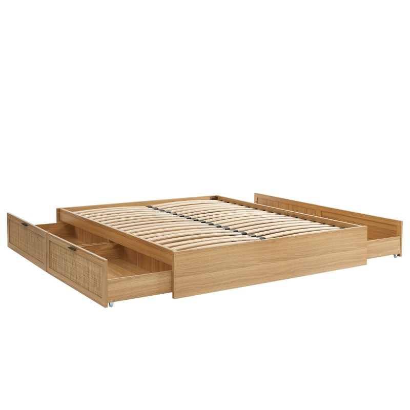 Cadre de lit à tiroirs AMANA cannage rotin 160x200 sommier inclus