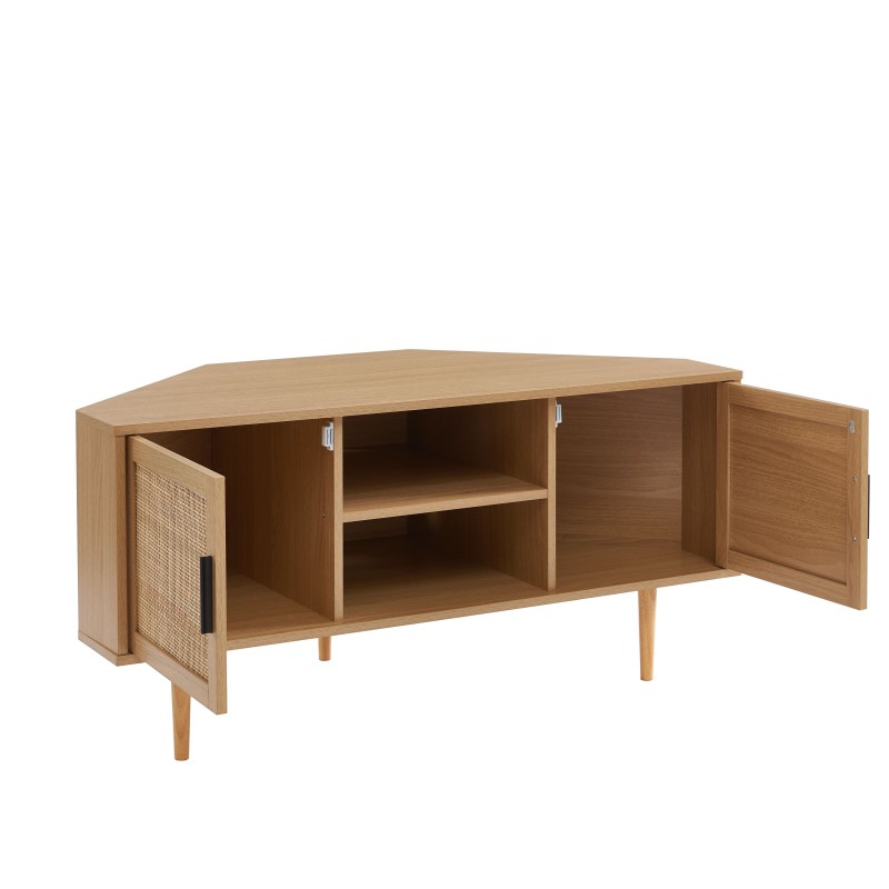 Meuble tv d'angle AMANA effet chêne et cannage rotin 2 portes