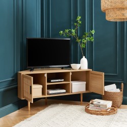 Meuble tv d'angle AMANA effet chêne et cannage rotin 2 portes