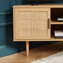 Meuble tv d'angle AMANA effet chêne et cannage rotin 2 portes
