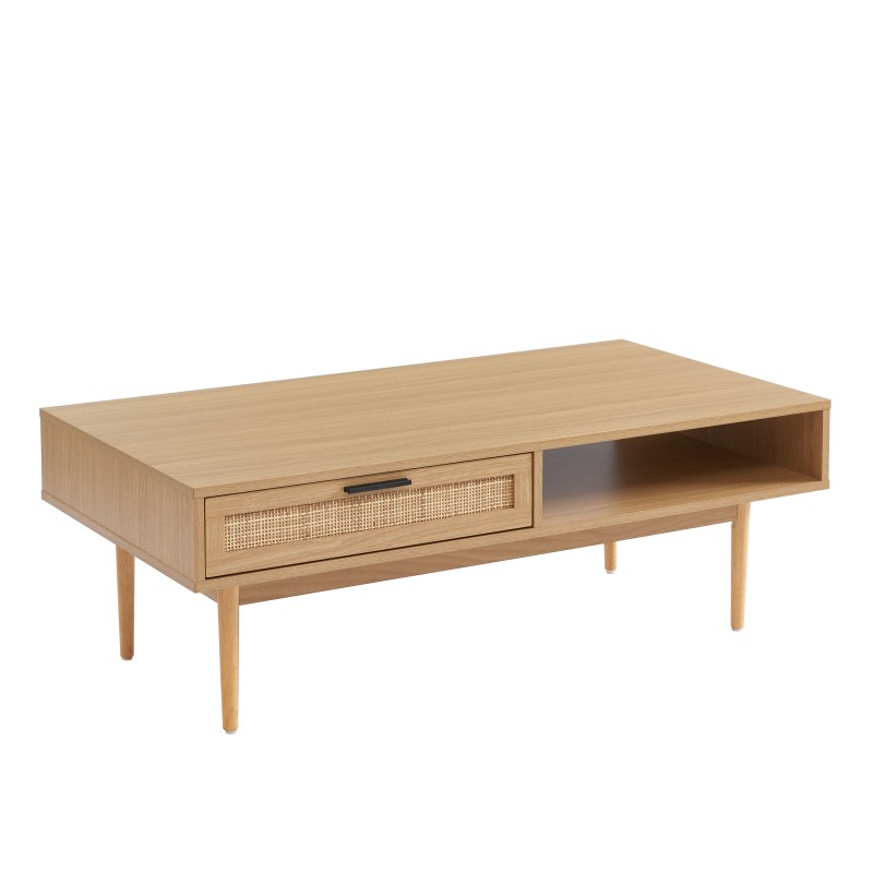 Table basse AMANA effet chêne et cannage rotin 2 tiroirs