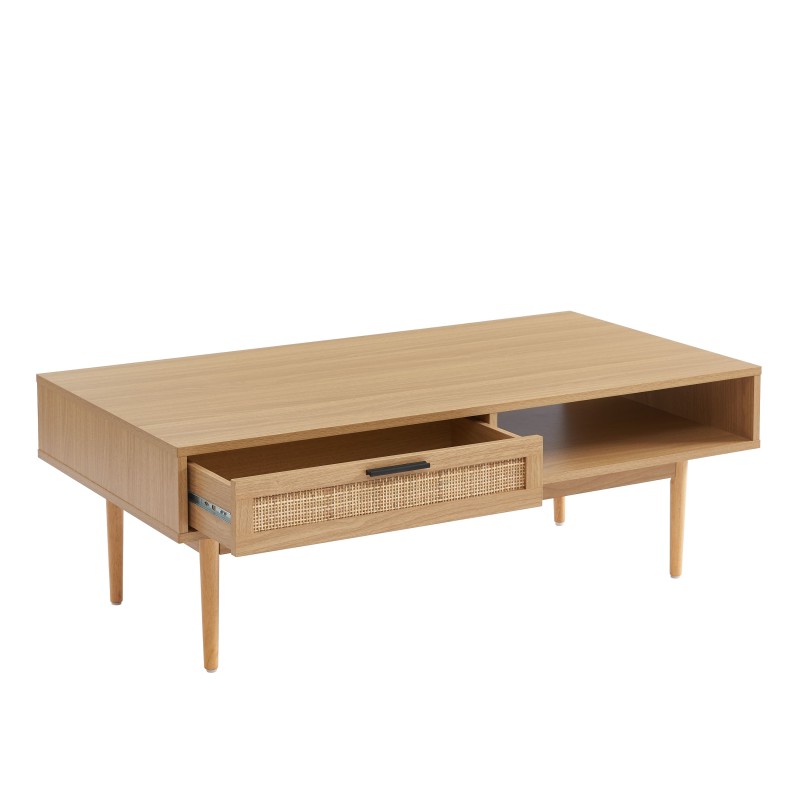 Table basse AMANA effet chêne et cannage rotin 2 tiroirs