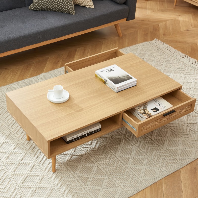 Table basse AMANA effet chêne et cannage rotin 2 tiroirs