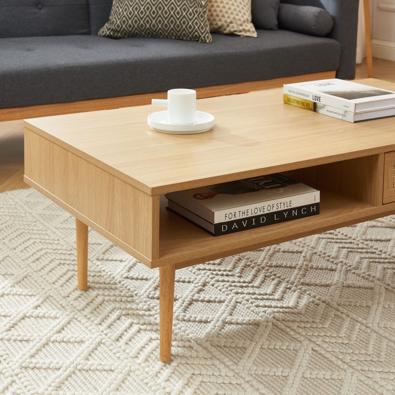 Table basse AMANA effet chêne et cannage rotin 2 tiroirs