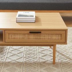 Table basse AMANA effet chêne et cannage rotin 2 tiroirs