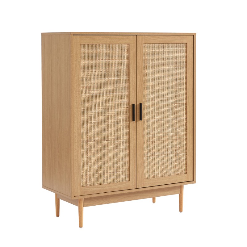 Buffet haut AMANA effet chêne et cannage rotin 2 portes 