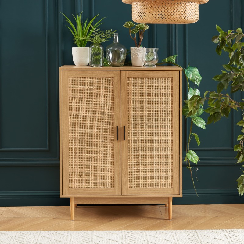 Buffet haut AMANA effet chêne et cannage rotin 2 portes 